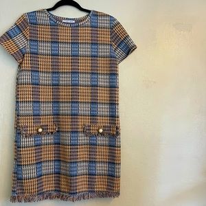 Zara Trafaluc Plaid Houndstooth Tweed Fringe Dress